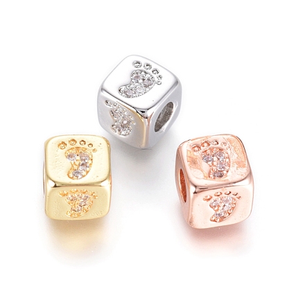 Brass Beads, with Micro Pave Cubic Zirconia, Cube with Baby Footprint