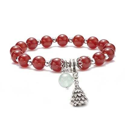 Natural Red Agate Carnelian(Dyed & Heated) & Green Aventurine Stretch Bracelet with Alloy Christmas Tree Charm, Gemstone Jewelry for Women
