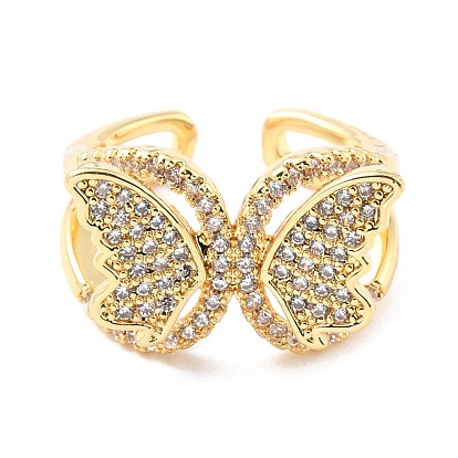 Brass Micro Pave Cubic Zirconia Cuff Ring, Long-Lasting Plated, Butterfly
