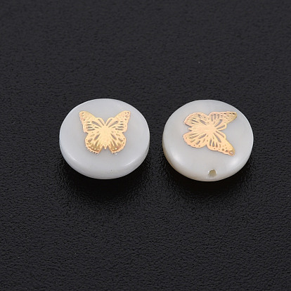 Natural Freshwater Shell Beads, with Golden Plated Brass Metal Embellishments, Flat Round with Butterfly