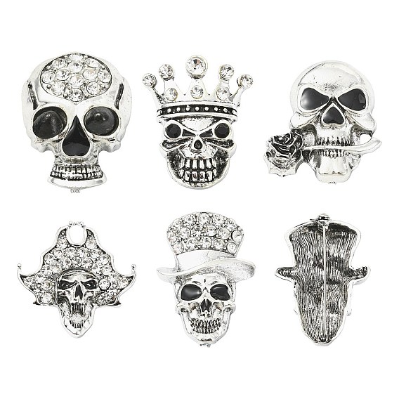 5Pcs 5 Styles Skull Alloy Rhinestone Lapel Pins, Creative Badge for Backpack Clothes
