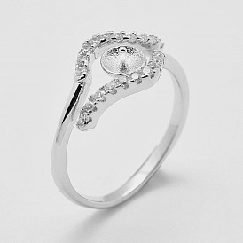 925 Sterling Silver Design Ring Mounts Fittings with Pearl Seat, For Half Drilled Beads, with Cubic Zirconia