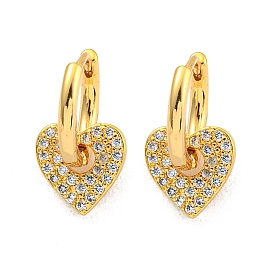Женские серьги-кольца из латуни с микропаве и прозрачными циркониями, сердце