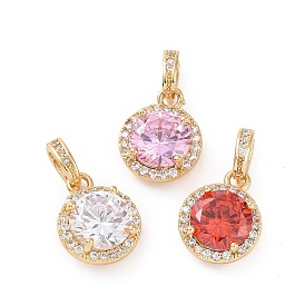 Real 18K Gold Plated Brass Micro Pave Clear Cubic Zirconia Pendants, Flat Round Charms