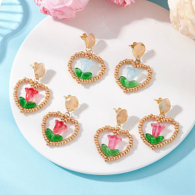 Латунные стекла болтаются серьги, Сердце со цветками , золотые