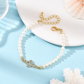 Alloy Crystal Rhinestone Religion Cross Link Natural Freshwater Pearl Potato Beaded Bracelets for Women, Floral White