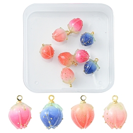 8Pcs 4 Colors Handmade Flower Bud Epoxy Resin Charms, with Brass Peg Bails and Glass Micro Beads, Golden