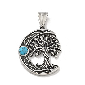 304 Stainless Steel Pendants, with Synthetic Turquoise, Moon with Tree of Life Charm