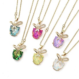 Tiger with Bowknot Light Gold Brass Micro Pave Cubic Zirconia Pendant Necklaces, with Glass