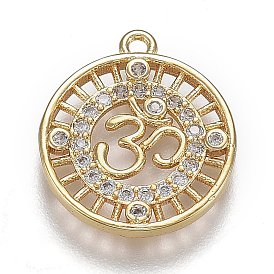 Hollow Brass Micro Pave Clear Cubic Zirconia Pendants, Long-Lasting Plated, Flat Round with Aum/Ohm