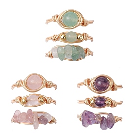 3Pcs 3 Styles Natural Rose Quartz & Amethyst & Green Aventurine Finger Rings, Copper Wire Wrapped Jewelry for Women