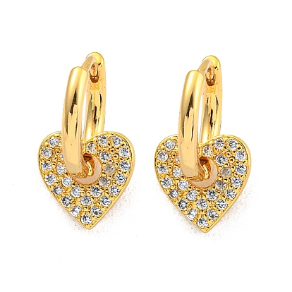 Женские серьги-кольца из латуни с микропаве и прозрачными циркониями, сердце