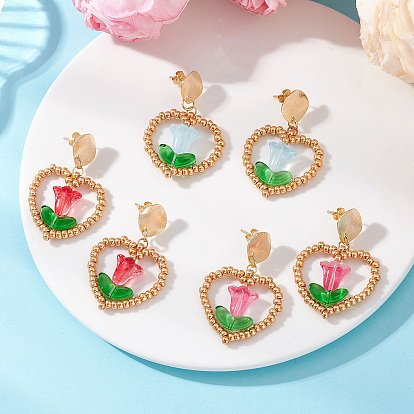 Латунные стекла болтаются серьги, Сердце со цветками , золотые