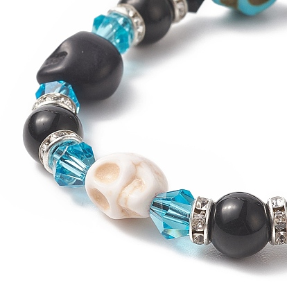 Synthetic Turquoise(Dyed) Skull Braided Beaded Bracelets, Natural Eyeless Obsidian Round & Glass Bicone Beaded Adjustable Bracelet for Women