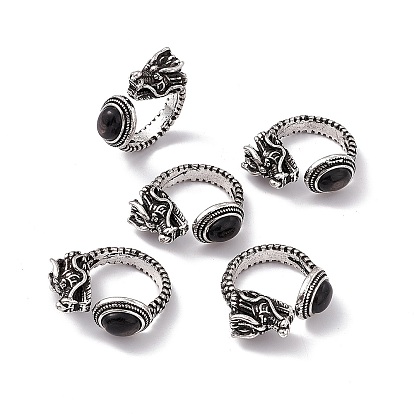 Dragon Head Natural Gemstone Cuff Rings, Antique Silver Tone Brass Open Rings for Women
