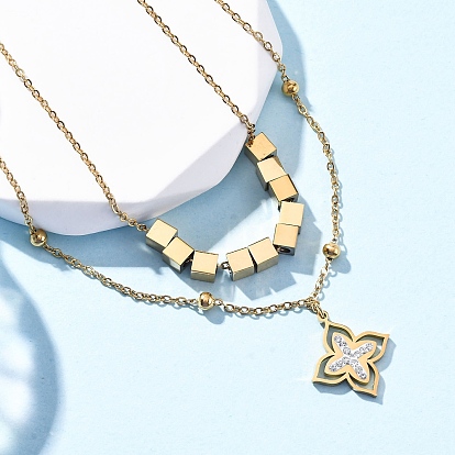 304 двухслойные ожерелья с подвеской в виде цветка из нержавеющей стали и кристаллами горного хрусталя, ионное покрытие (ip)