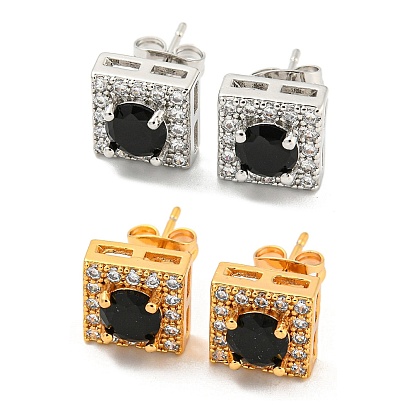 Brass Micro Pave Cubic Zirconia Ear Studs, Square