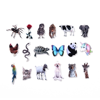 Printed Opaque Acrylic Pendants, Animal Theme Charms, Butterfly/Panda/Unicorn/Parrot/Cat Charms