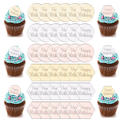 36Pcs 6 Style Acrylic Cake Toppers, Insert Card Decoration, for Birthday Cake Decoration, Flat Round and Hexagon with Word Happy Birthday