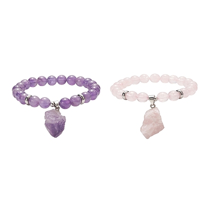Round Natural Gemstone Beaded Stretch Bracelet with Nuggets Charms for Women