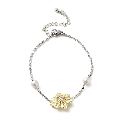 Sunflower Brass Cubic Zirconia Link Bracelets, with Imitation Pearl