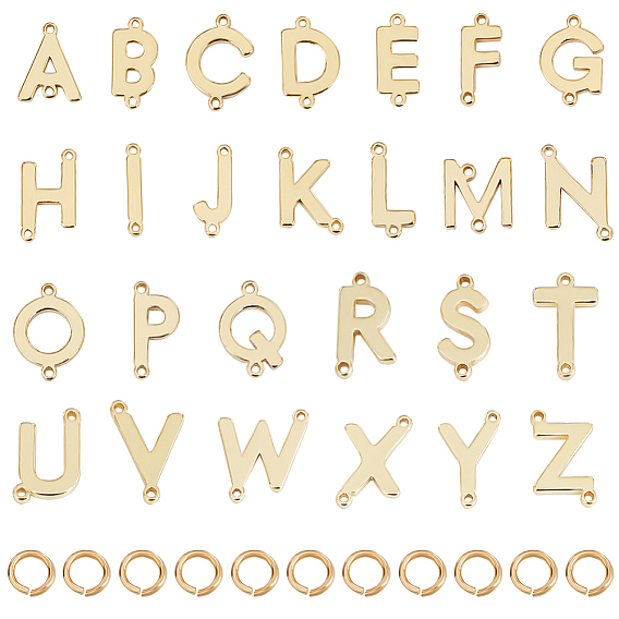 26 шт. 26 стили латунные буквы соединительные подвески с 52 шт. открытые соединительные кольца, буквы a~z ссылки