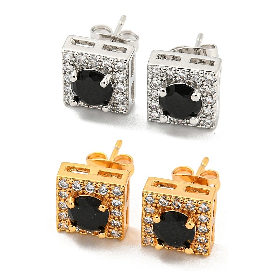 Brass Micro Pave Cubic Zirconia Ear Studs, Square