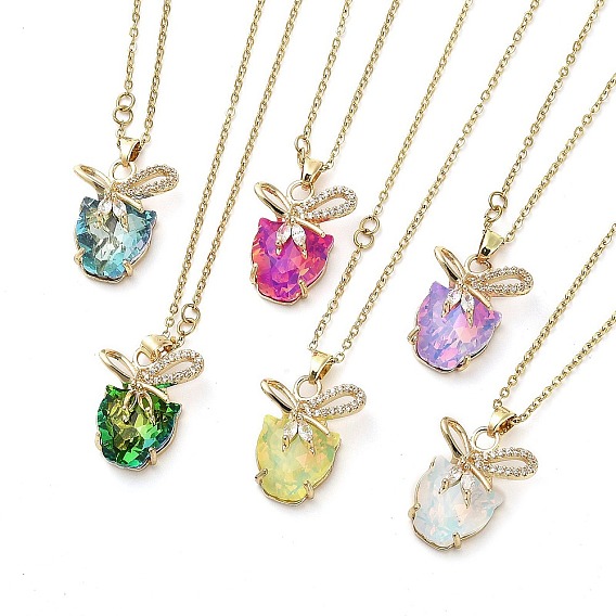 Tiger with Bowknot Light Gold Brass Micro Pave Cubic Zirconia Pendant Necklaces, with Glass