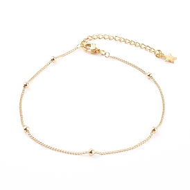 Brass Curb Chain Anklets, with Round Beads and 304 Stainless Steel Lobster Claw Clasps