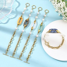 304 Stainless Steel Figaro Chains with Natural Mixed Gemstone, Oval, Natural Cultured Freshwater Pearl Beads