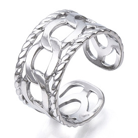 304 Stainless Steel Curb Chains Shape Open Cuff Ring, Hollow Chunky Ring for Women