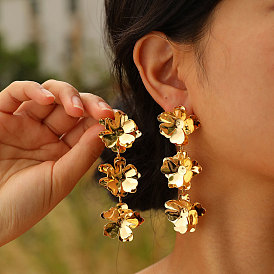 Triple Flower Brass Stud Earrings, Dangle Earring for Women