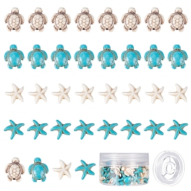 100pcs perles turquoise synthétiques étoile de mer et tortue, avec 10.93 mètres de fil élastique pour des kits de fabrication de bracelets extensibles de style océan bricolage