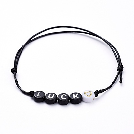 Bracelets en perles de polyester ciré ajustables, avec des perles acryliques rondes plates, mot