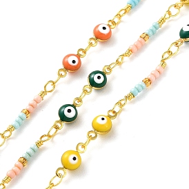 Evil Eyes Brass Ename Link Chains, with Glass Beads, Real 18K Gold Plated, Soldered, with Spools, Long-Lasting Plated