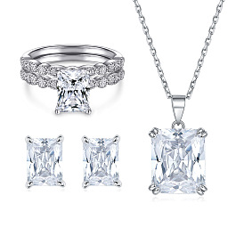 Fashionable S925 Silver Jewelry Set with Rectangular Zirconia Earrings, Pendant and Collarbone Chain