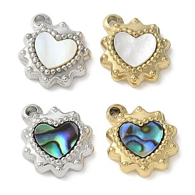 304 Подвески из нержавеющей стали с покрытием из натуральной раковины пауа/белой раковины методом ионного напыления (IP), сердце прелести