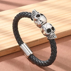 Braided Microfiber Leather Cord Bracelets, 304 Stainless Steel Bracelets for Women Men, Skull