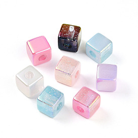 Прозрачные акриловые бусины с УФ-покрытием, радужный, кубические, с блеском порошок