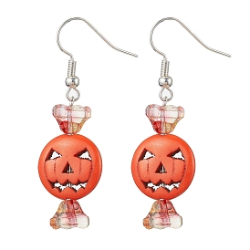 Dyed Synthetic Turquoise & Glass Dangle Earrings, Halloween Pumpkin & Flower Long Drop Earrings