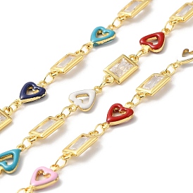 Handmade Enamel Heart Link Chains, Real 18K Gold Plated Brass Cubic Zirconia Rectangle Link Chains, Soldered, with Spool, Cadmium Free & Lead Free