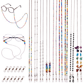 9 ПК 9 стили цепочки для очков, шейный ремешок для очков, со стеклянными бисеринами, резиновые петли и латунные выводы