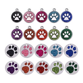 20Pcs 20 Style Enamel Pendants, with Platinum Plated Alloy Findings and Glitter Powder, Flat Round with Dog Paw Prints
