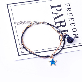 Bracelet à la mode en chaîne tissée double couche, étoile et lune, bracelet de cheville à pompon tendance