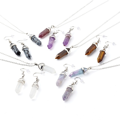 Bullet Shaped Natural Mixed Gemstone Jewelry Sets, Pendant Necklaces & Dangle Earrings, with 304 Stainless Steel Open Jump Rings & Chain Extender, Zinc Alloy Lobster Claw Clasps