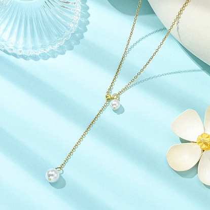 304 из нержавеющей стали ожерелья Lariat, Регулируемые ожерелья с круглыми кисточками из ракушечного жемчуга для женщин, белые