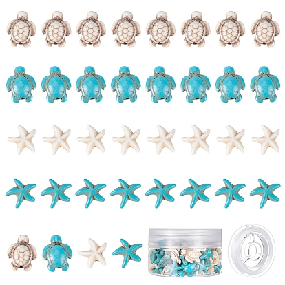 100pcs perles turquoise synthétiques étoile de mer et tortue, avec 10.93 mètres de fil élastique pour des kits de fabrication de bracelets extensibles de style océan bricolage