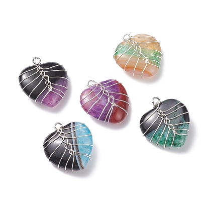 Dyed Natural Agate Pendants, with Silver Tone Copper Wire Wrapped, Heart