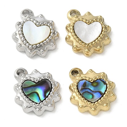 304 Подвески из нержавеющей стали с покрытием из натуральной раковины пауа/белой раковины методом ионного напыления (IP), сердце прелести