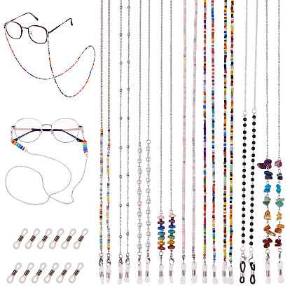9 ПК 9 стили цепочки для очков, шейный ремешок для очков, со стеклянными бисеринами, резиновые петли и латунные выводы